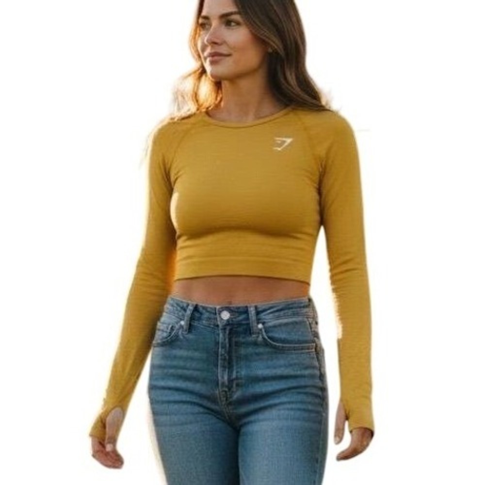 Gymshark Yellow Seamless Long Sleeve Cropped Workout Top Thumbholes Size L